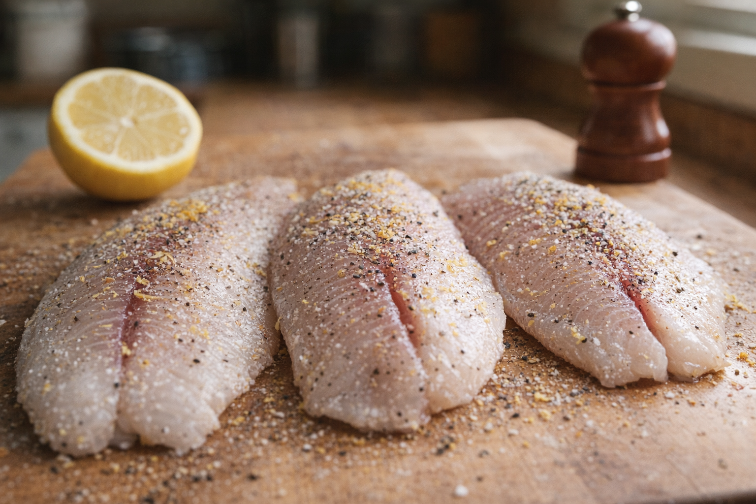 A close-up shot of raw tilapia fillets seasoned with salt, pepper, and lemon zest, laid out on a cutting board, ready to be pan-seared. A lemon half and a pepper grinder are visible in the background.